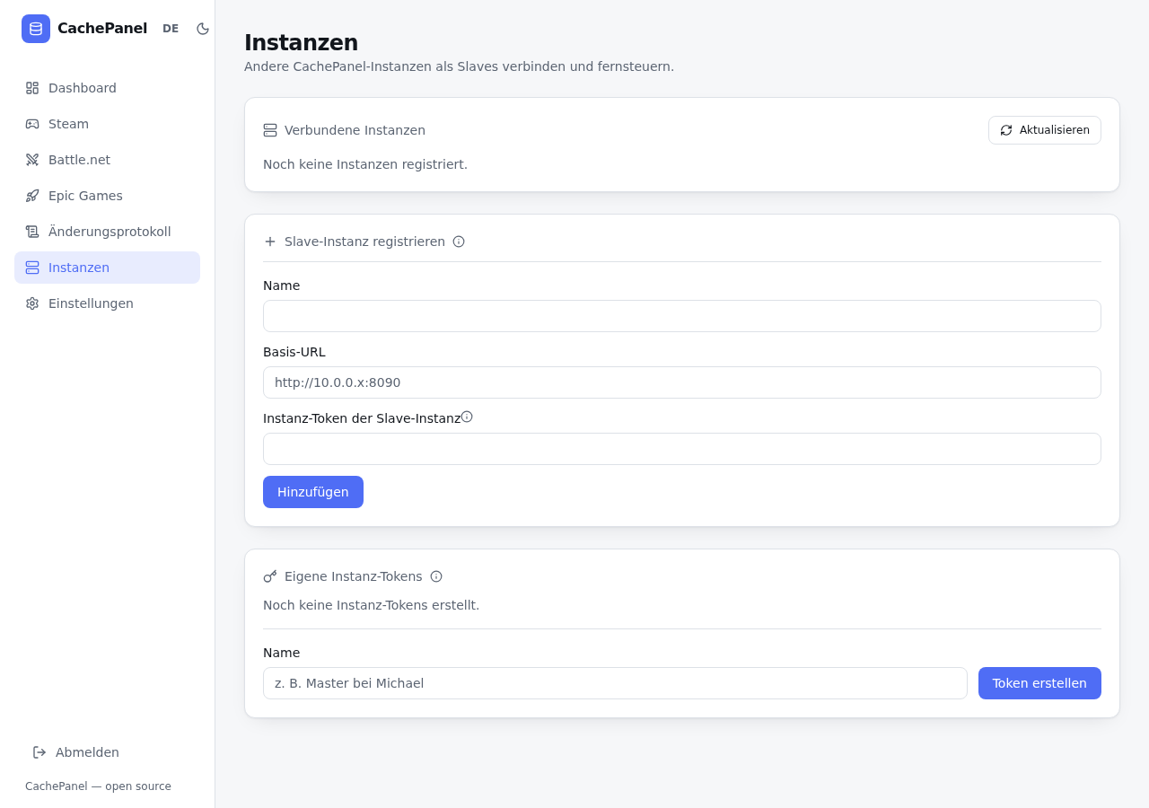Instanzen-Seite: verbundene Instanzen registrieren, eigene Instanz-Tokens erzeugen